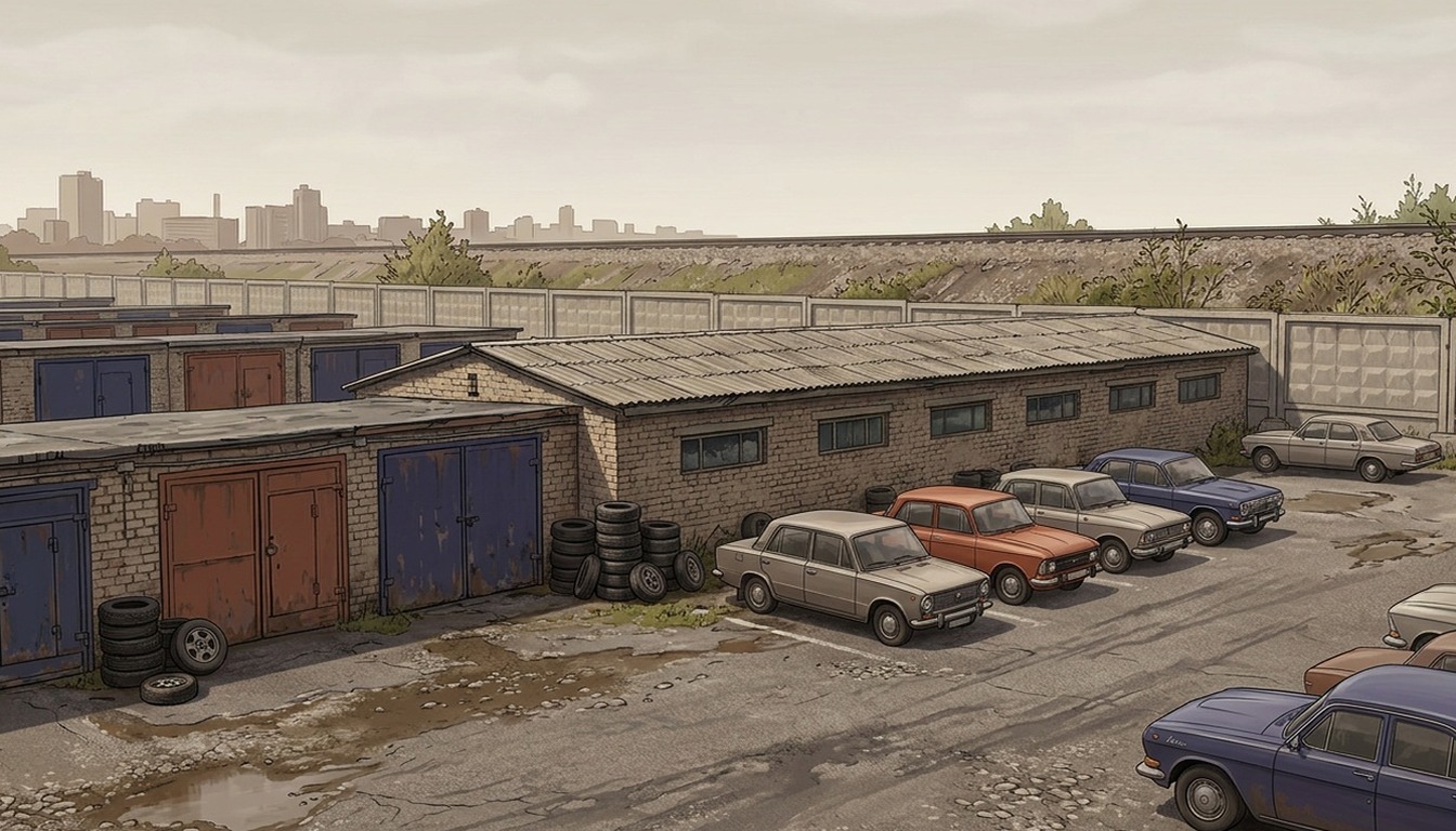 Автосервисные дворы и складские корпуса у железной дороги, 1970–1980-е годы.